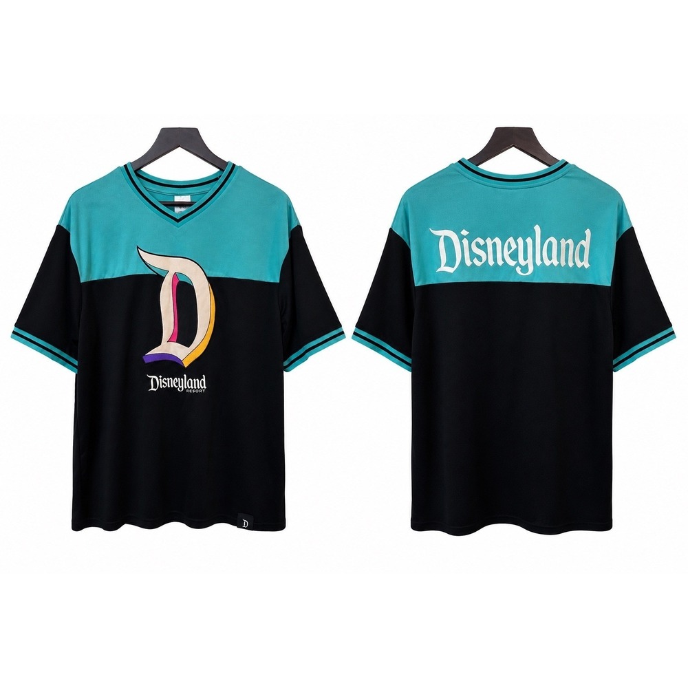 Mens Retro Disneyland Resort Jersey Teal Black Colorblock Mesh‎ Shirt L Disney
